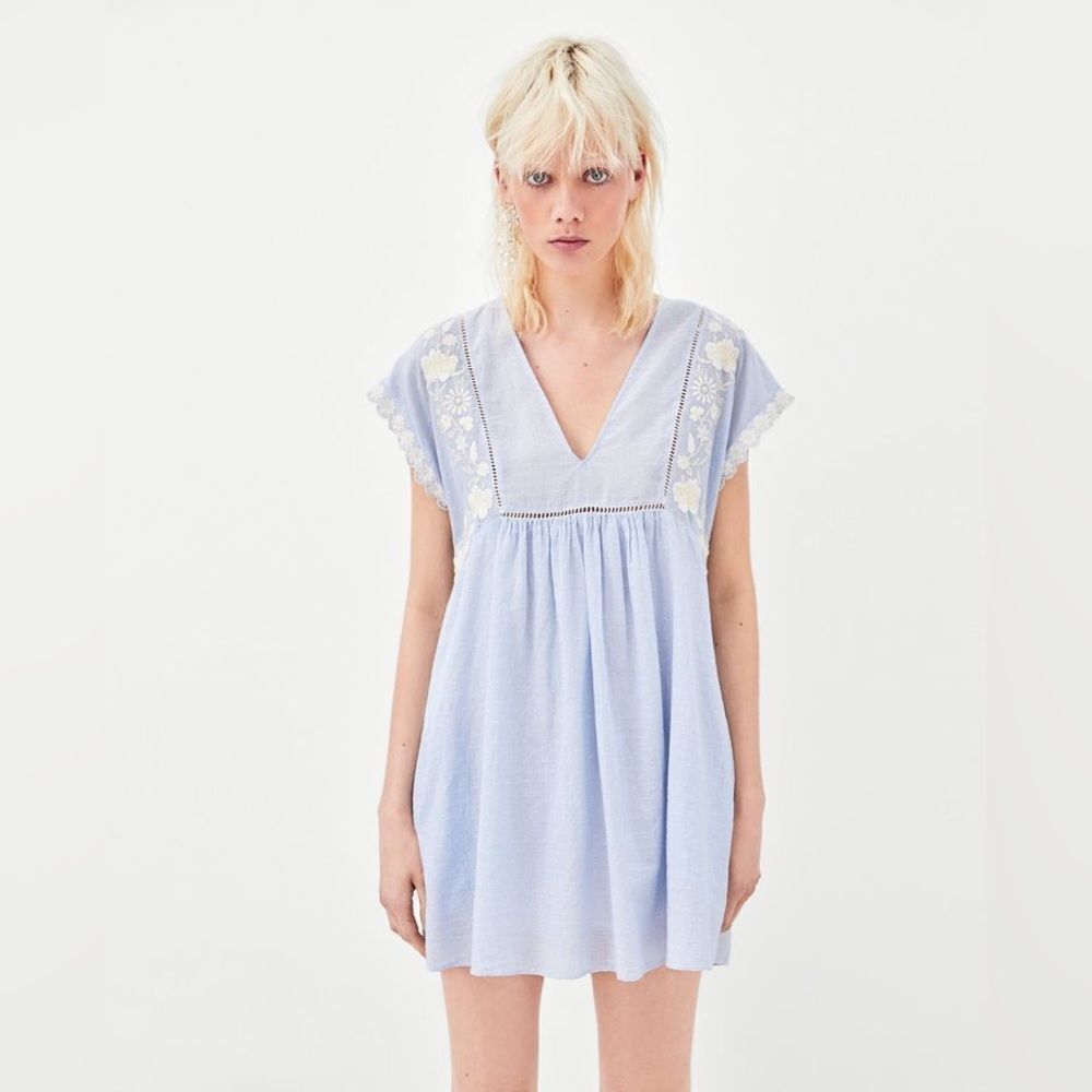 Zara Light Blue Cotton Embroidered Romper Playsuit Sz M